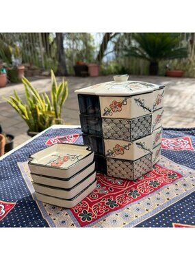 Izumiryu Tiered Porcelain Snack Bento Box + Saucers Plum/Cherry Design